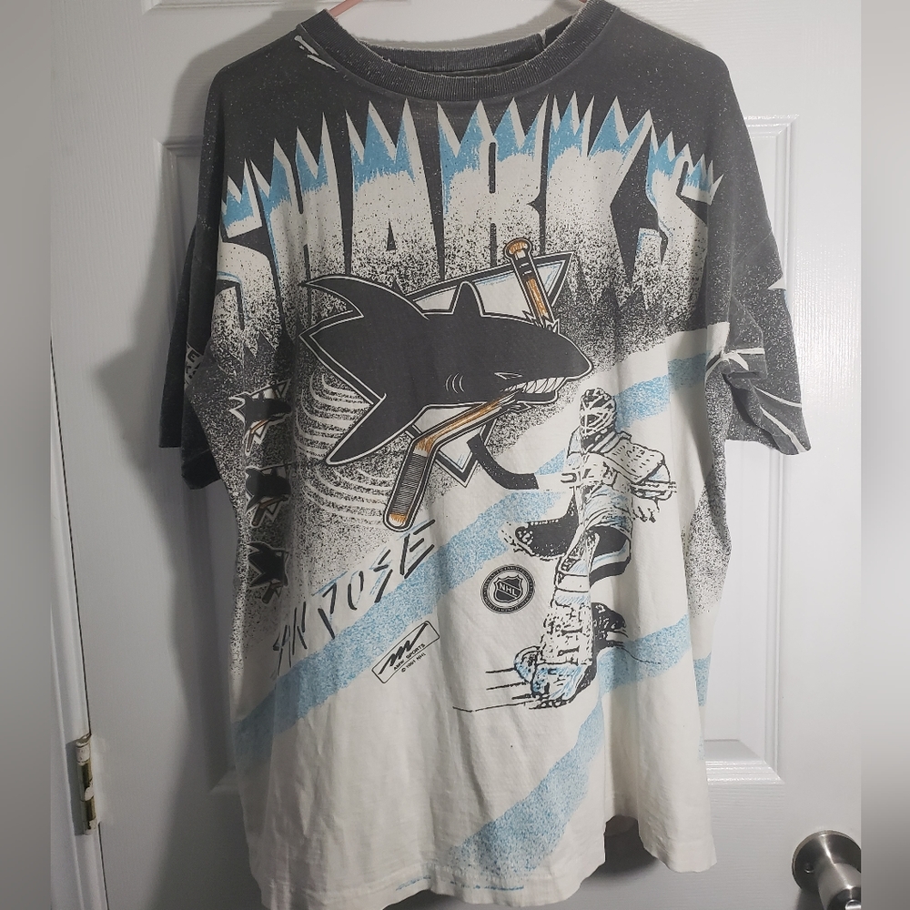 Vintage San Jose Sharks 1991 Aop Single Stitch Shirt Size Large RARE.